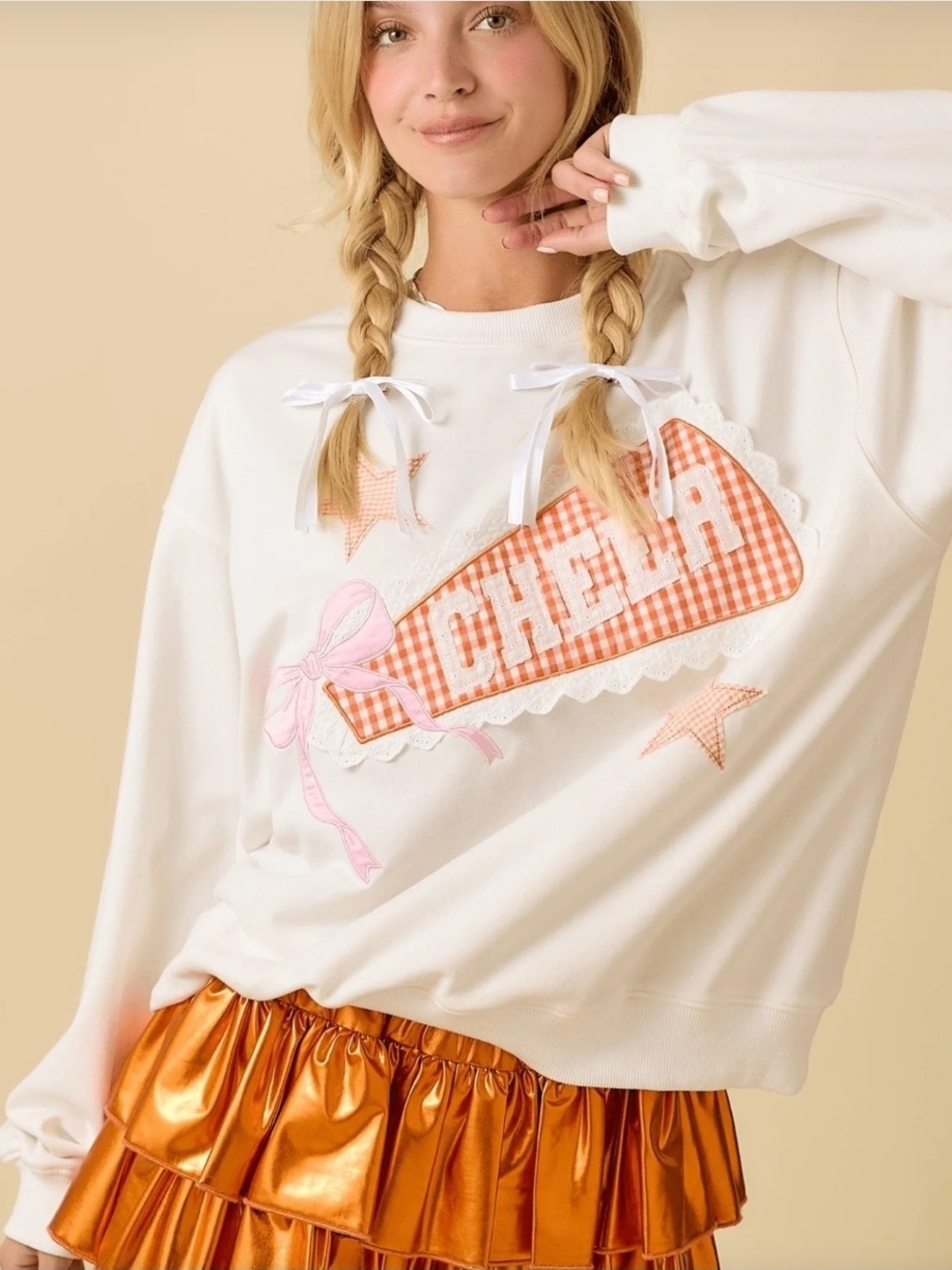 CHEER Embroidered White Juniors Or Womens- Sweatshirt with Orange Gingham